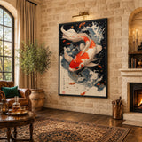 Koi Fish Traditional Wall Art Poster – Orange Koi in Blue-Gray Waves