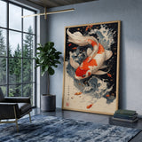 Koi Fish Traditional Wall Art Poster – Orange Koi in Blue-Gray Waves