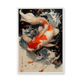 Koi Fish Traditional Wall Art Poster – Orange Koi in Blue-Gray Waves