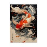 Koi Fish Traditional Wall Art Poster – Orange Koi in Blue-Gray Waves