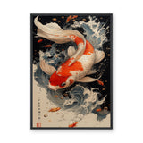Koi Fish Traditional Wall Art Poster – Orange Koi in Blue-Gray Waves