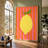 Lemon Pop Art Wall Decor – Bright Citrus on Pink Orange Stripes