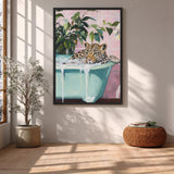 Leopard Bathtub Eclectic Wall Art Print – Pink Tile Bubble Bath Print