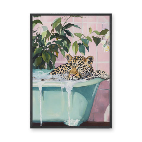 Leopard Bathtub Eclectic Wall Art Print – Pink Tile Bubble Bath Print