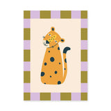 Leopard Kids Wall Art Print – Cute Spotted Cat with Checkerboard Border