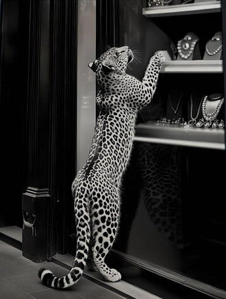 Leopard Photography Modern Wall Art Print – Black-and-White Window Shopping