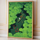 Lily Pond Boat Botanical Wall Art Poster – Rowboat with Koi and Lily Pads