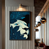 Lion Botanical Wall Art Print – Cream Face Hidden in Dark Blue Leaves