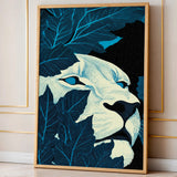 Lion Botanical Wall Art Print – Cream Face Hidden in Dark Blue Leaves