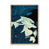 Lion Botanical Wall Art Print – Cream Face Hidden in Dark Blue Leaves