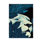 Lion Botanical Wall Art Print – Cream Face Hidden in Dark Blue Leaves