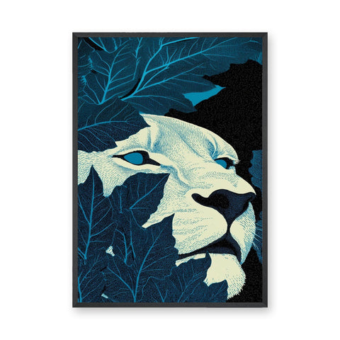 Lion Botanical Wall Art Print – Cream Face Hidden in Dark Blue Leaves