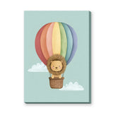 Lion Hot Air Balloon Nursery Wall Art Poster – Pastel Rainbow Cloud Ride