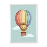 Lion Hot Air Balloon Nursery Wall Art Poster – Pastel Rainbow Cloud Ride
