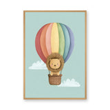Lion Hot Air Balloon Nursery Wall Art Poster – Pastel Rainbow Cloud Ride