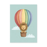 Lion Hot Air Balloon Nursery Wall Art Poster – Pastel Rainbow Cloud Ride