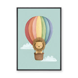 Lion Hot Air Balloon Nursery Wall Art Poster – Pastel Rainbow Cloud Ride
