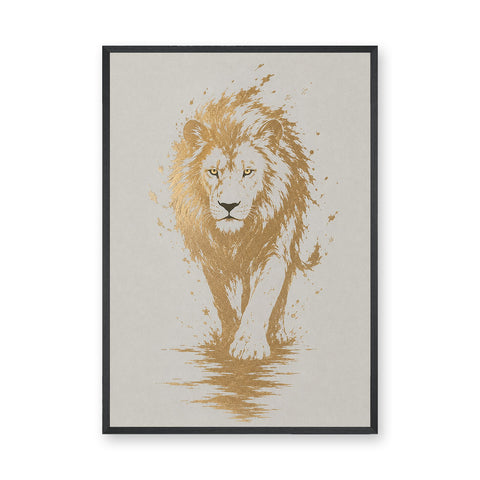 Lion Modern Abstract Wall Art Print – Gold Splatter Walking Portrait