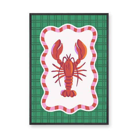 Lobster Modern Wall Art Poster – Red Seafood Print on Green Plaid