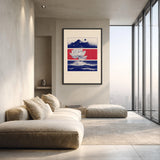Lotus Landscape Modern Wall Art Poster – Navy Mountains, Red Grid, and Waves