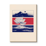 Lotus Landscape Modern Wall Art Poster – Navy Mountains, Red Grid, and Waves