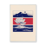 Lotus Landscape Modern Wall Art Poster – Navy Mountains, Red Grid, and Waves