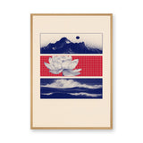 Lotus Landscape Modern Wall Art Poster – Navy Mountains, Red Grid, and Waves