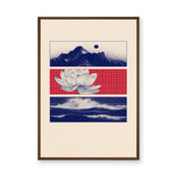 Lotus Landscape Modern Wall Art Poster – Navy Mountains, Red Grid, and Waves