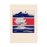 Lotus Landscape Modern Wall Art Poster – Navy Mountains, Red Grid, and Waves