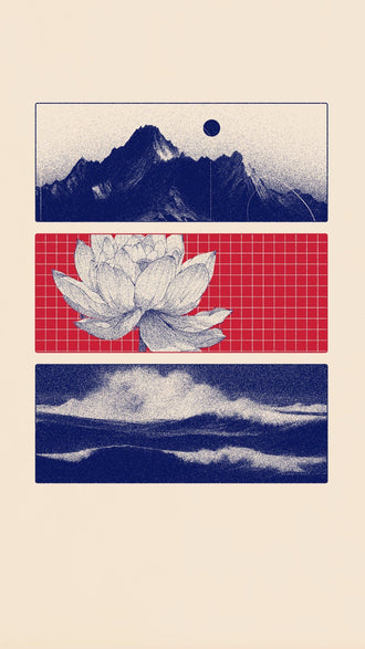 Lotus Landscape Modern Wall Art Poster – Navy Mountains, Red Grid, and Waves