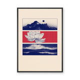 Lotus Landscape Modern Wall Art Poster – Navy Mountains, Red Grid, and Waves