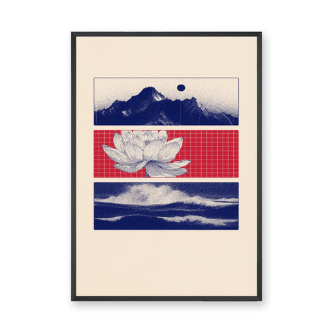 Lotus Landscape Modern Wall Art Poster – Navy Mountains, Red Grid, and Waves