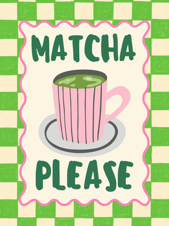 Matcha Typography Wall Art Print – Retro Green Checkerboard Kitchen Print