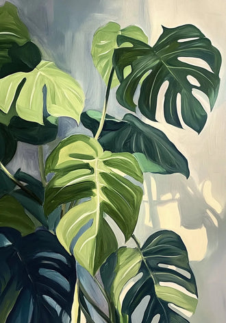 Monstera Leaves Botanical Wall Art Poster – Painted Green Plant Print