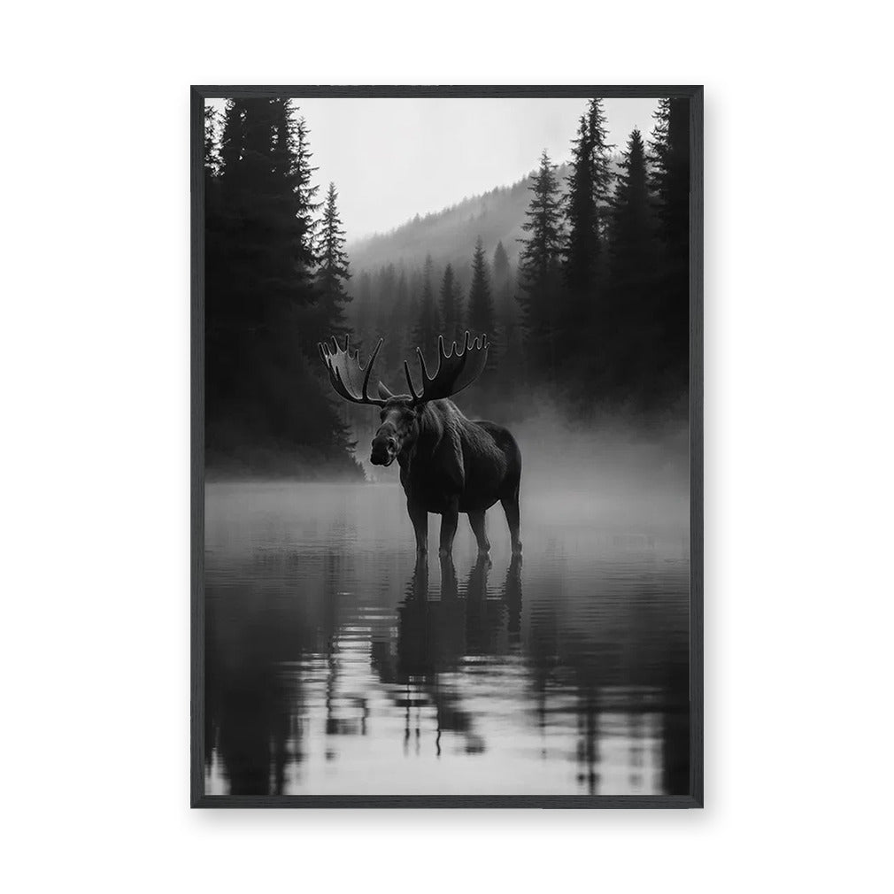 Moose Forest Photography Modern Wall Art Poster – Misty Mountain Lake