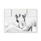 Morning Coffee Minimalist Wall Art Print – Black and White Bed Coffee Print