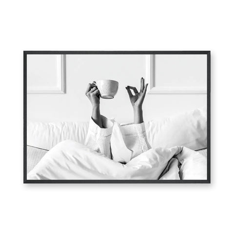 Morning Coffee Minimalist Wall Art Print – Black and White Bed Print