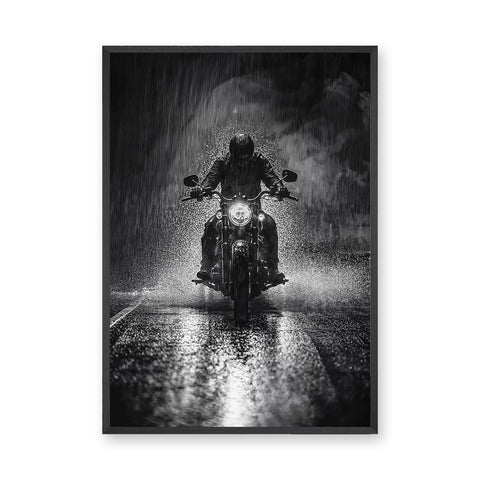 Motorcycle Photography Wall Art Poster – Black and White Rain Ride