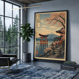 Mount Fuji Cherry Blossom Vintage Wall Art Poster – Japanese Shrine Scene