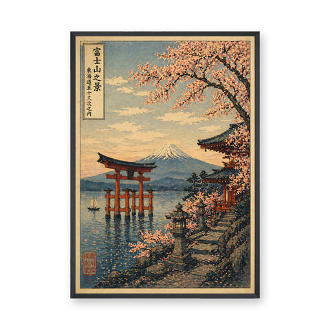 Mount Fuji Cherry Blossom Vintage Wall Art Poster – Japanese Shrine Scene