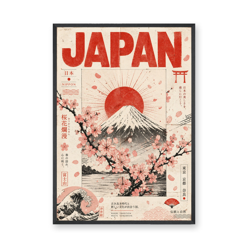 Mount Fuji Vintage Wall Art Print – Japan Travel Poster with Cherry Blossoms