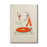 Music Retro Line Art Wall Decor – Turntable Dancers on Orange Vinyl