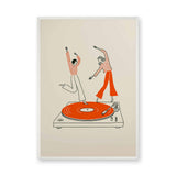 Music Retro Line Art Wall Decor – Turntable Dancers on Orange Vinyl