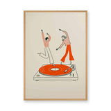 Music Retro Line Art Wall Decor – Turntable Dancers on Orange Vinyl