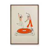 Music Retro Line Art Wall Decor – Turntable Dancers on Orange Vinyl