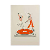 Music Retro Line Art Wall Decor – Turntable Dancers on Orange Vinyl