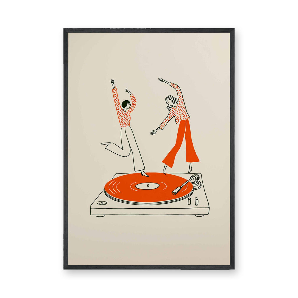 Music Retro Line Art Wall Decor – Turntable Dancers on Orange Vinyl