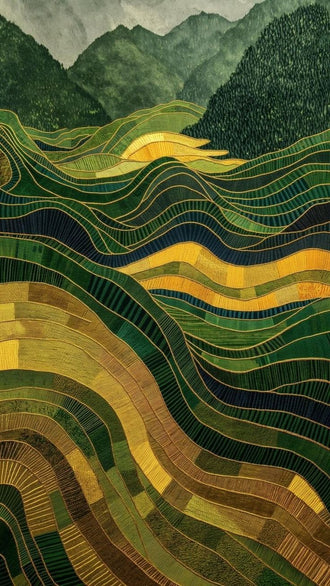 Nature Landscape Abstract Wall Decor – Green Gold Terraced Fields