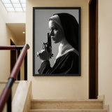 Nun Portrait Surreal Wall Decor – Dramatic Black-and-White Gun Print