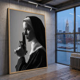 Nun Portrait Surreal Wall Decor – Dramatic Black-and-White Gun Print